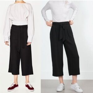 Zara TRAFALUC Black Wide Legged Tie Waist High Rise Cropped Pants Size XL